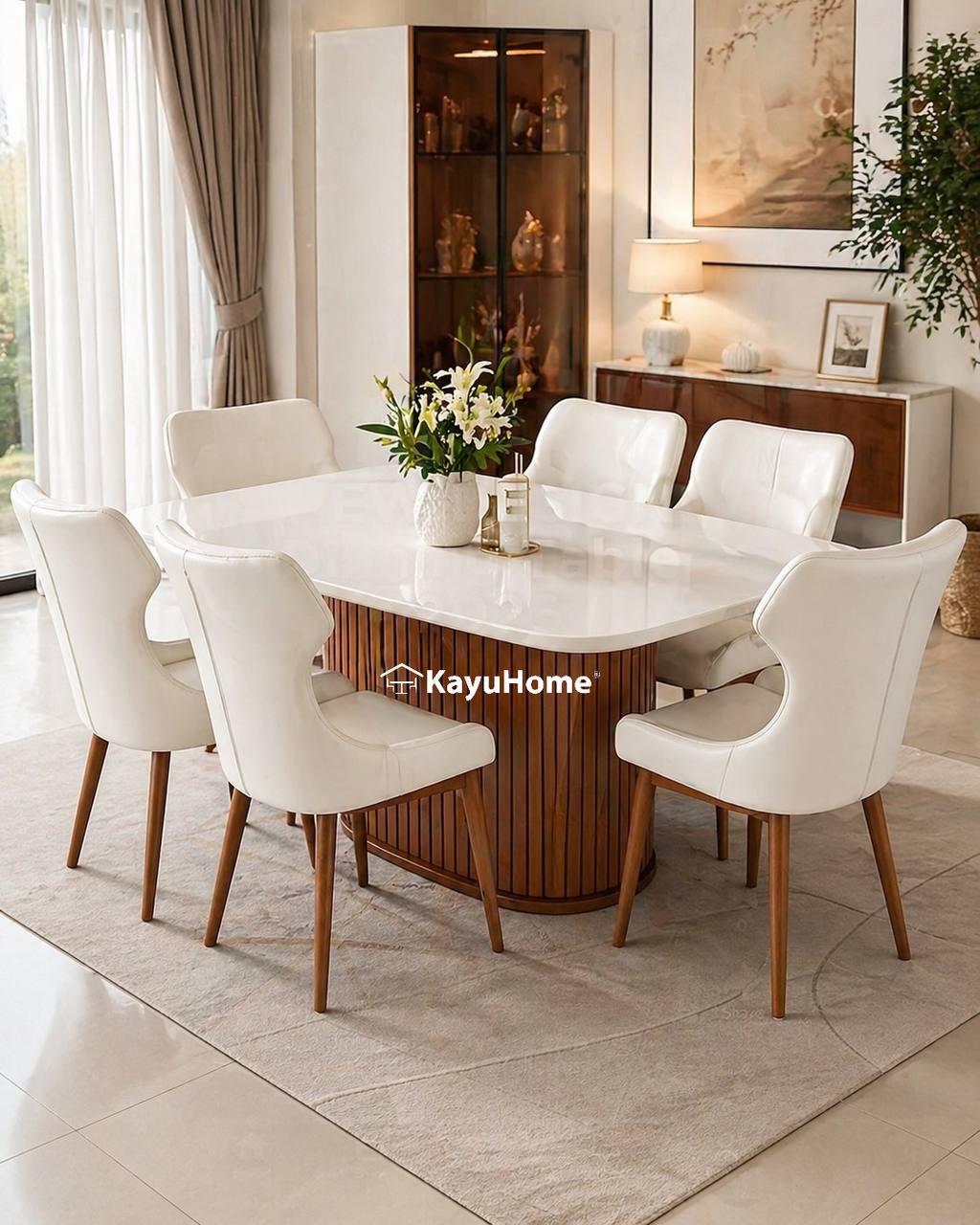 Set Dining Table Fluted Teak Wood (180cm) + 6 Teak Dining Chair — official KayuHome catalogue image