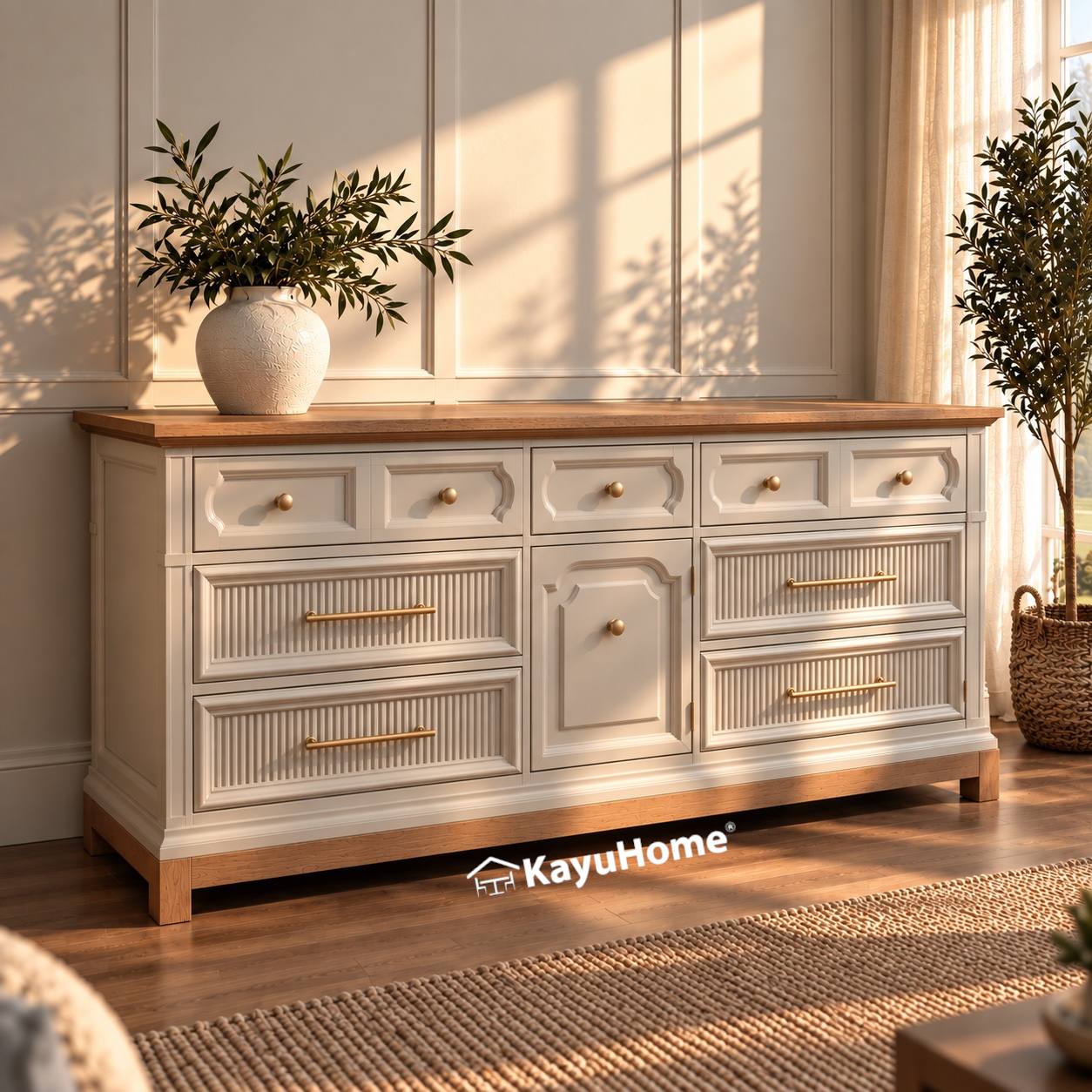 Cabinet Sideboard French Fluted White Oak Multi-Drawer — official KayuHome catalogue image