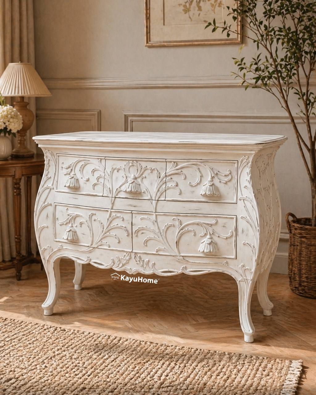 Vintage French Solid Mahogany Wood 5 Drawer Dresser — official KayuHome catalogue image