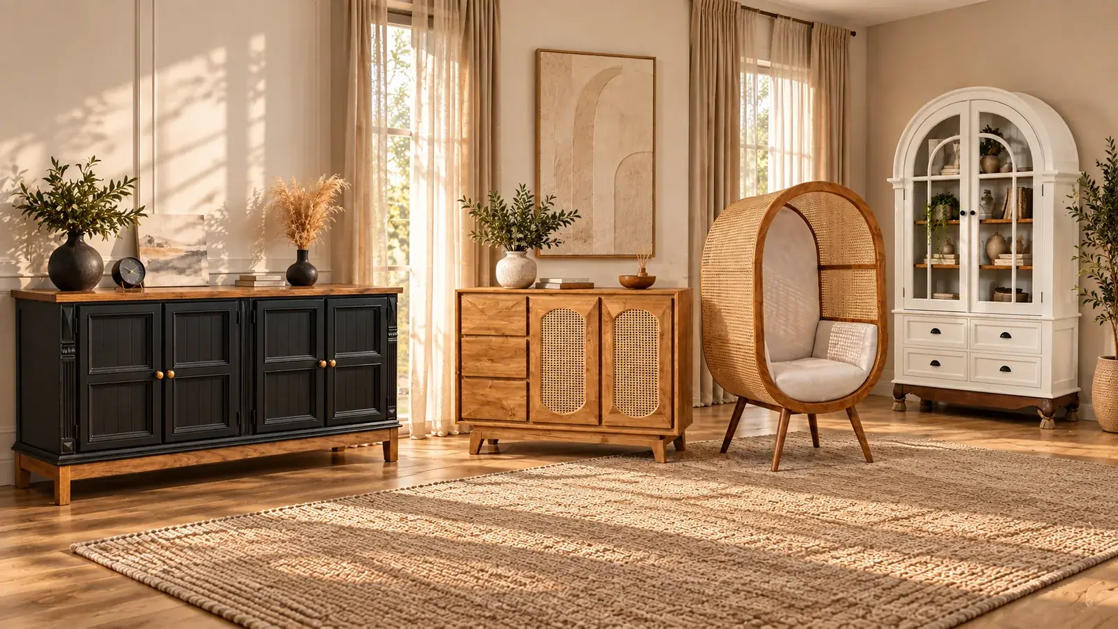 KayuHome furniture in a cozy cream and wood interior — styled visual